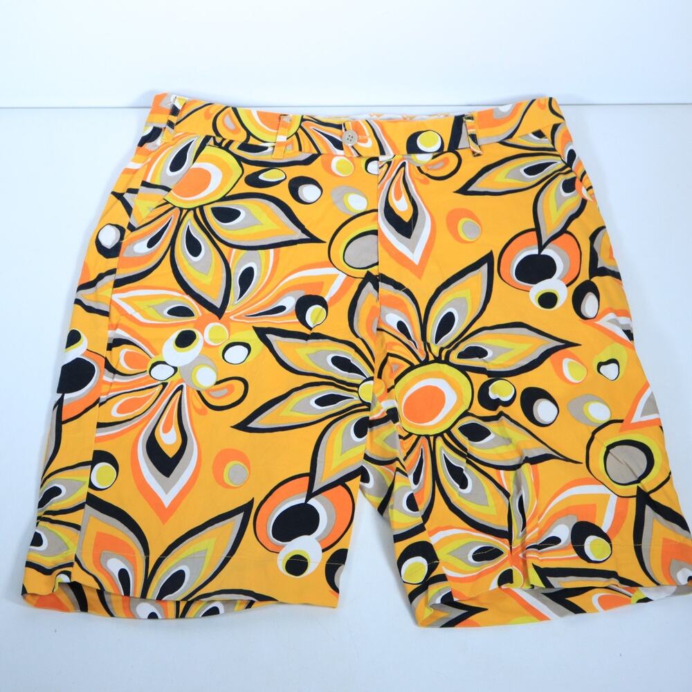 Loudmouth Men's Flat Front Golf Shorts Floral Pattern Orange Yellow Size 34